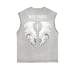 Distressed Sleeveless Winged Monster Pattern Tee