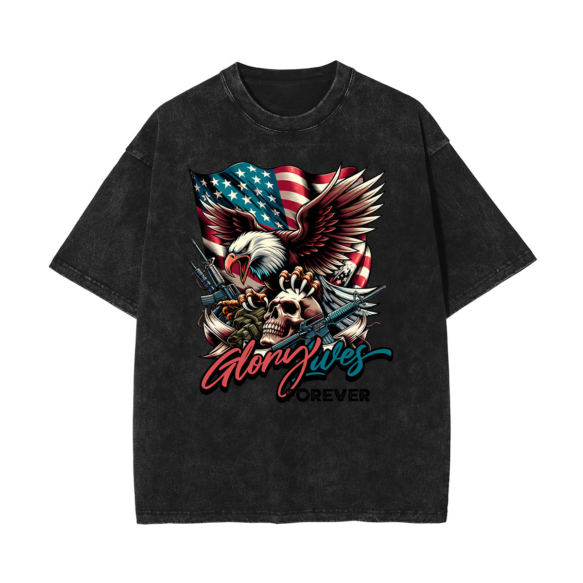 Stone Wash American Skull Pattern T Shirt