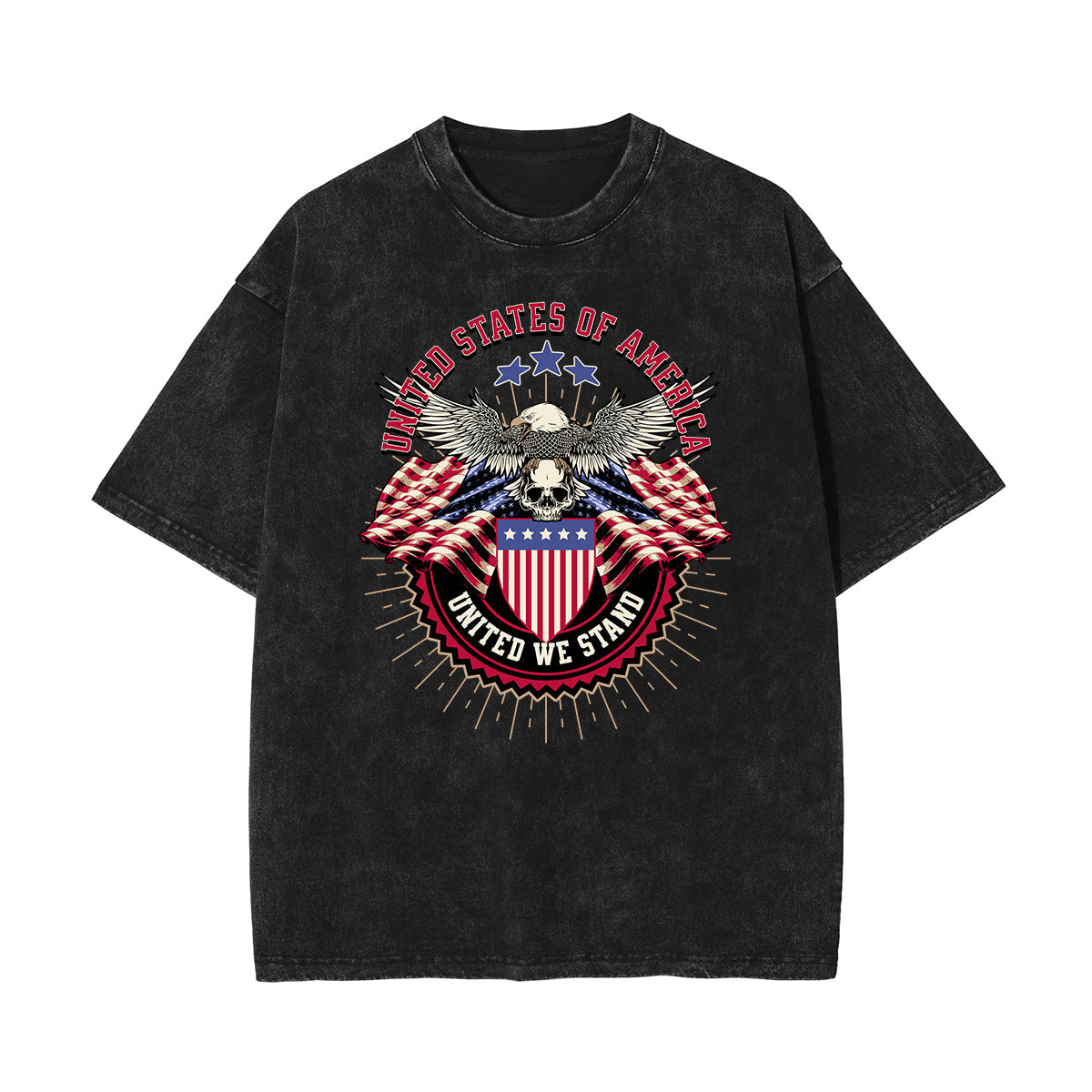 Stone Wash American Skull Pattern T Shirt
