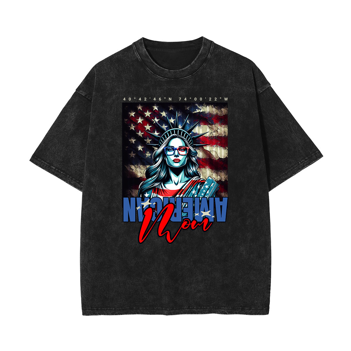 Stone Wash American Skull Pattern T Shirt