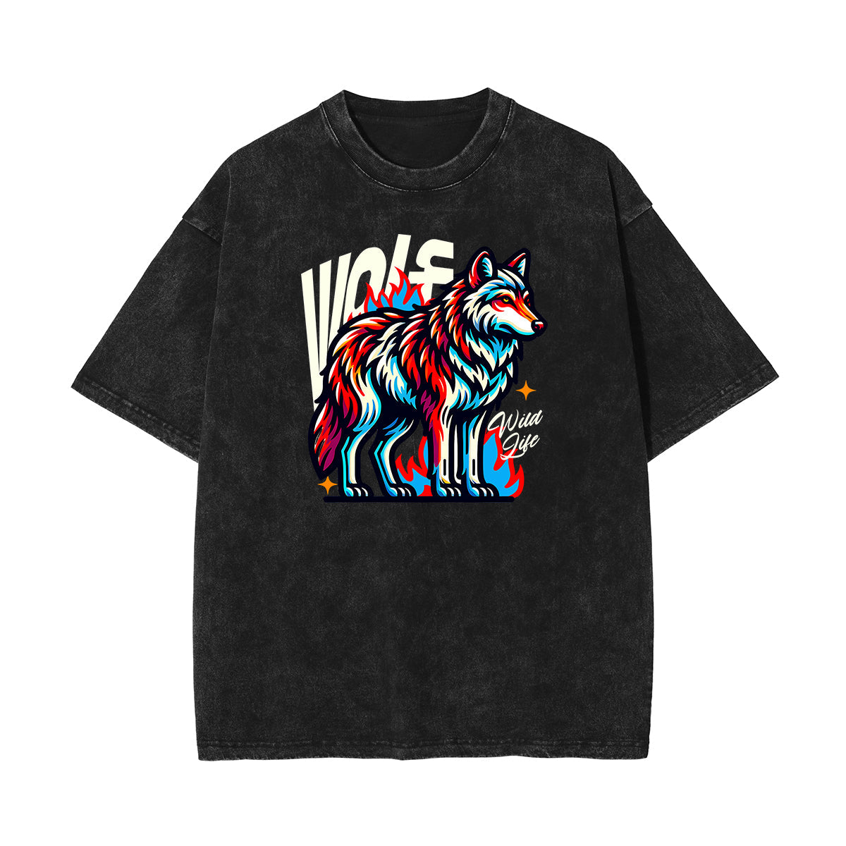 Stone Wash Wolf Pattern T Shirt