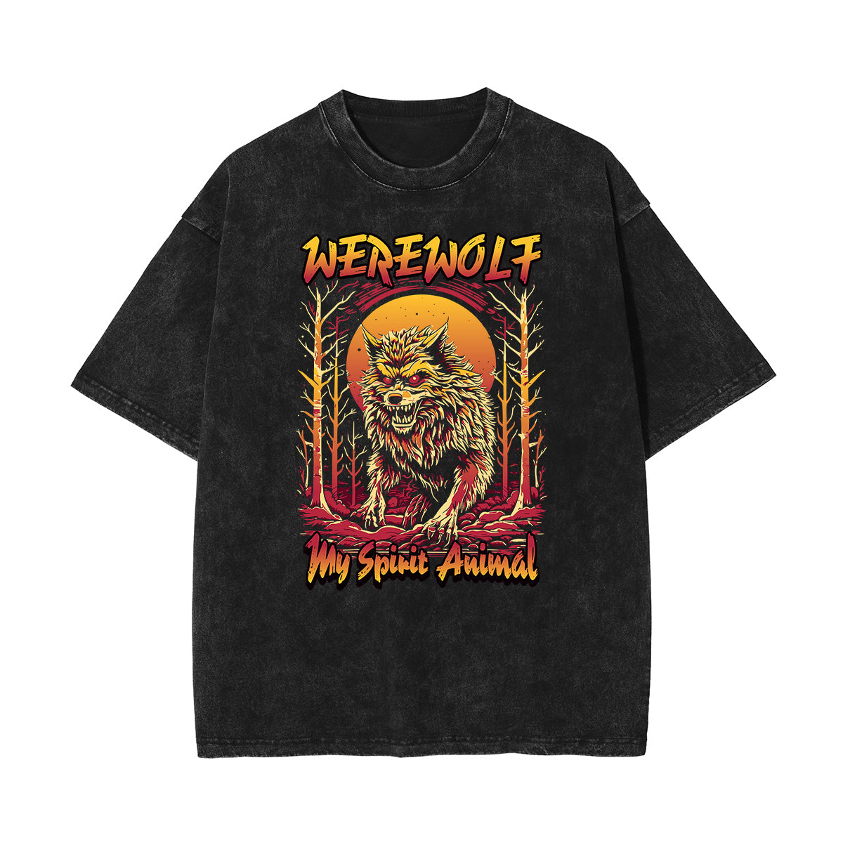 Stone Wash Wolf Pattern T Shirt