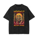 Stone Wash Wolf Pattern T Shirt