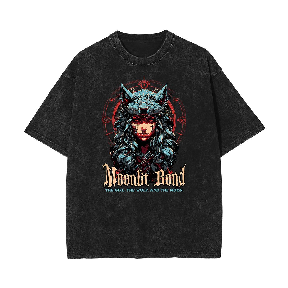 Stone Wash Wolf Pattern T Shirt