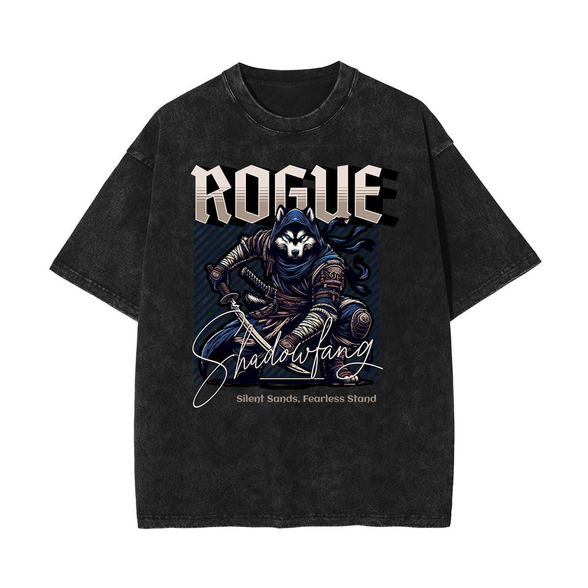 Stone Wash Wolf Pattern T Shirt