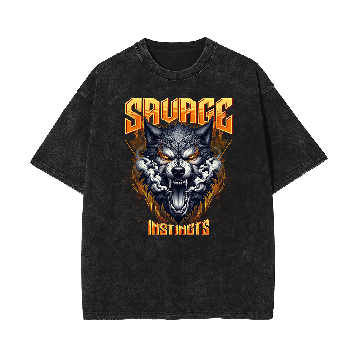 Stone Wash Wolf Pattern T Shirt