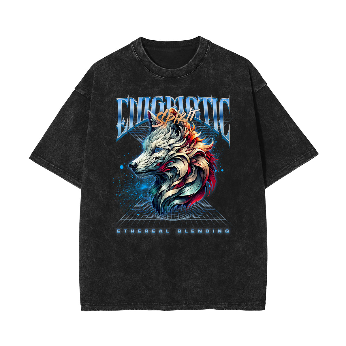 Stone Wash Wolf Pattern T Shirt