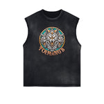 Distressed Sleeveless Wolf Pattern Tee