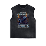 Distressed Sleeveless Wolf Pattern Tee