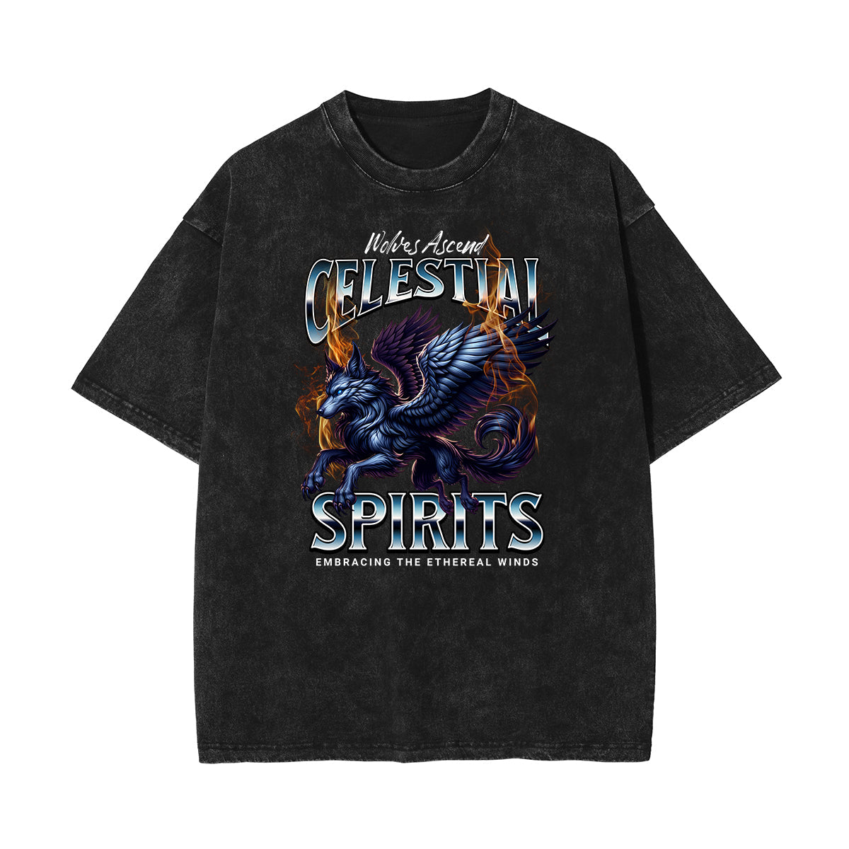 Stone Wash Wolf Pattern T Shirt