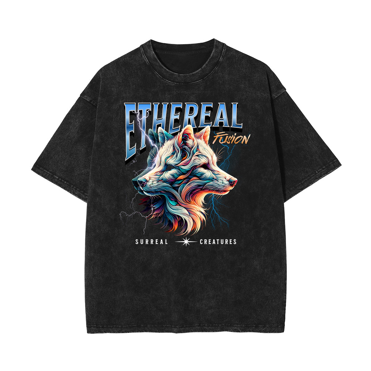 Stone Wash Wolf Pattern T Shirt