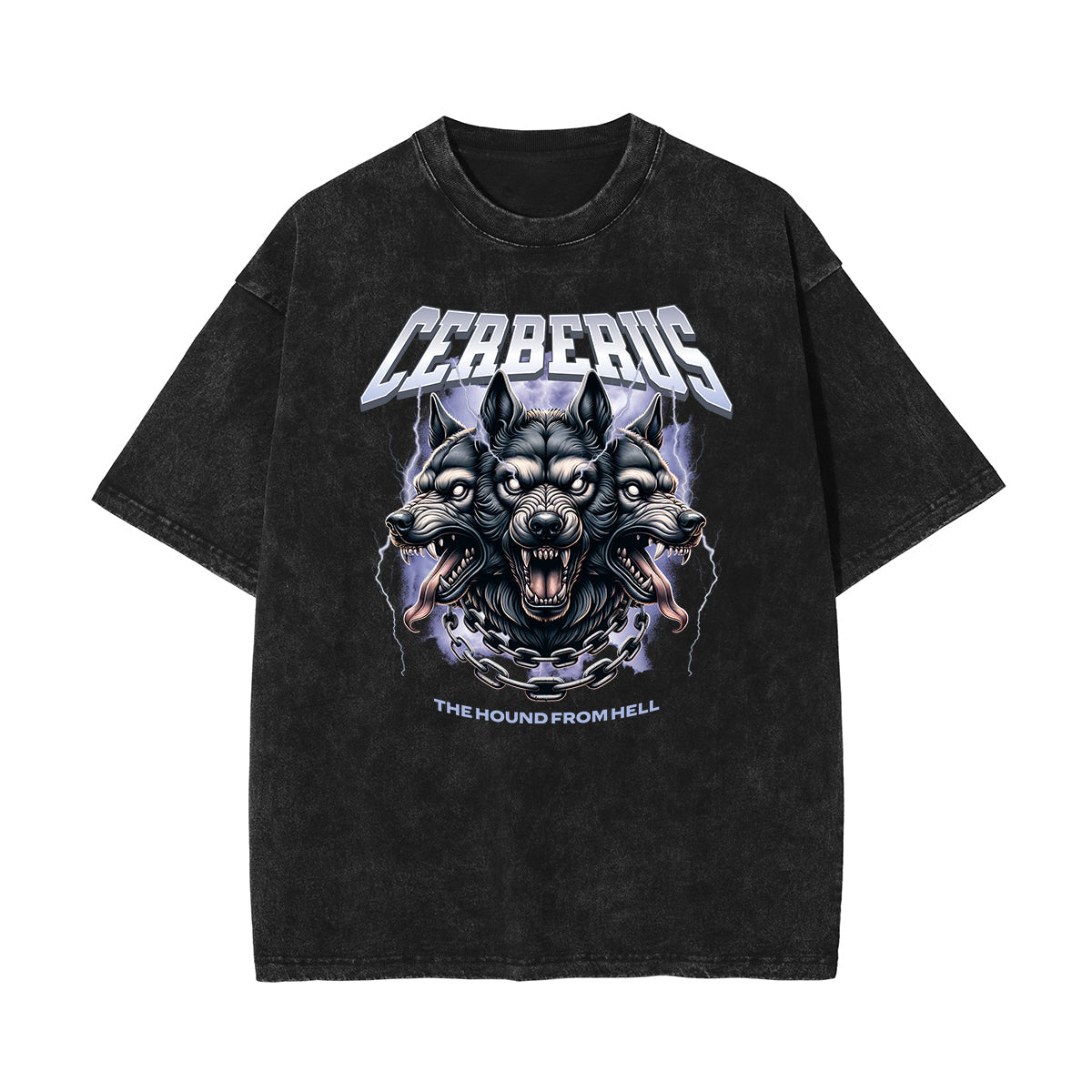 Stone Wash Wolf Pattern T Shirt