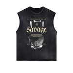 Distressed Sleeveless Wolf Pattern Tee