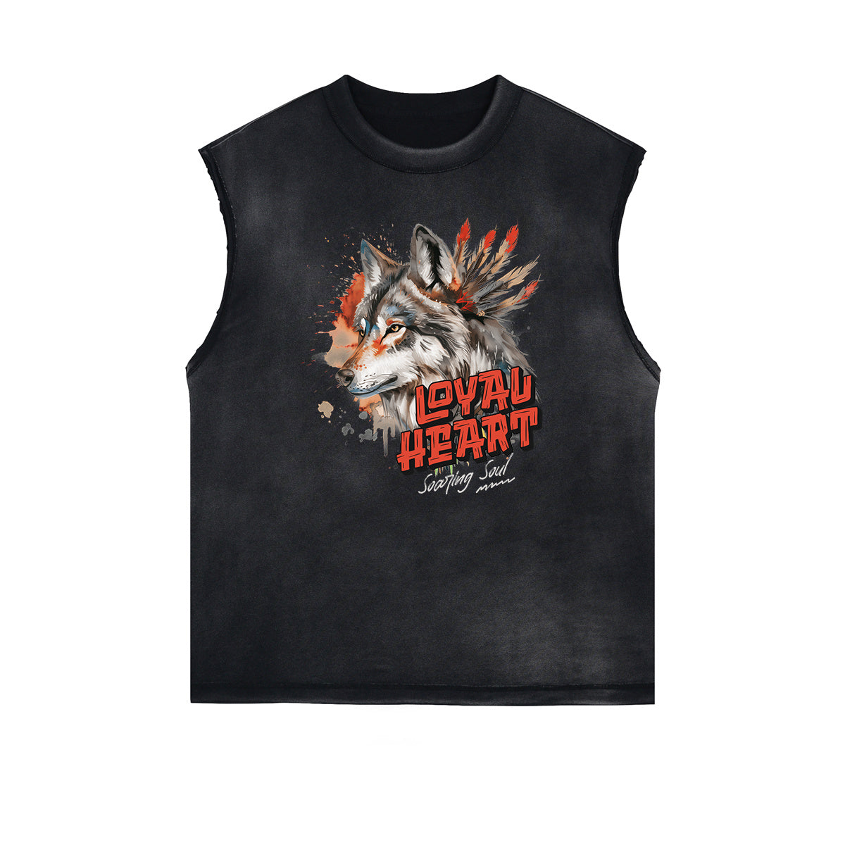 Distressed Sleeveless Wolf Pattern Tee