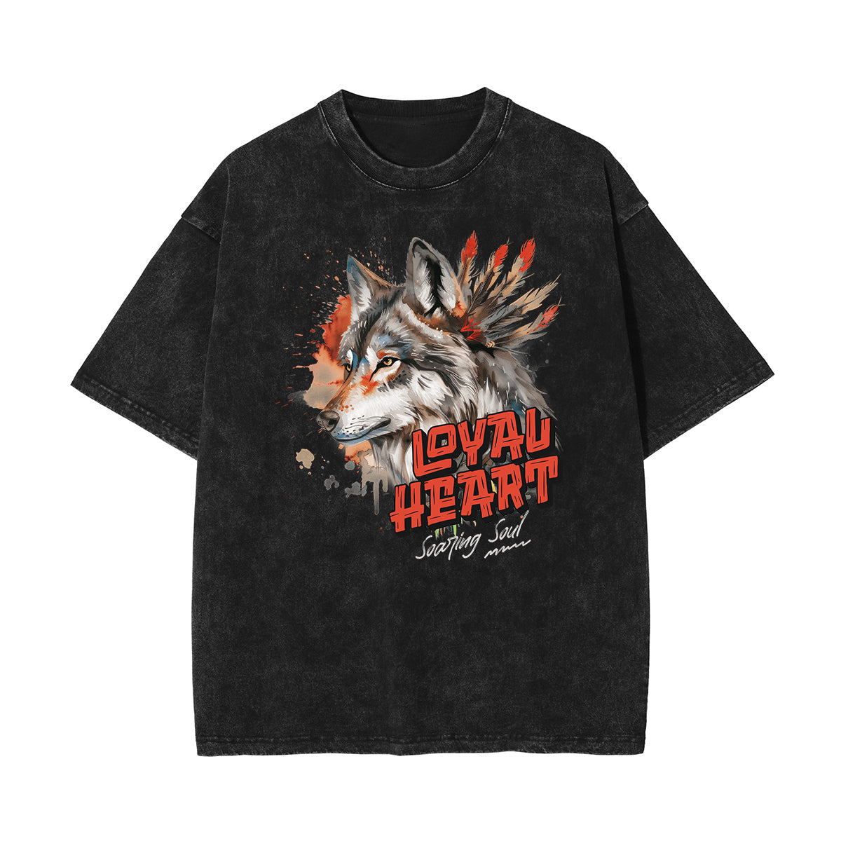 Stone Wash Wolf Pattern T Shirt