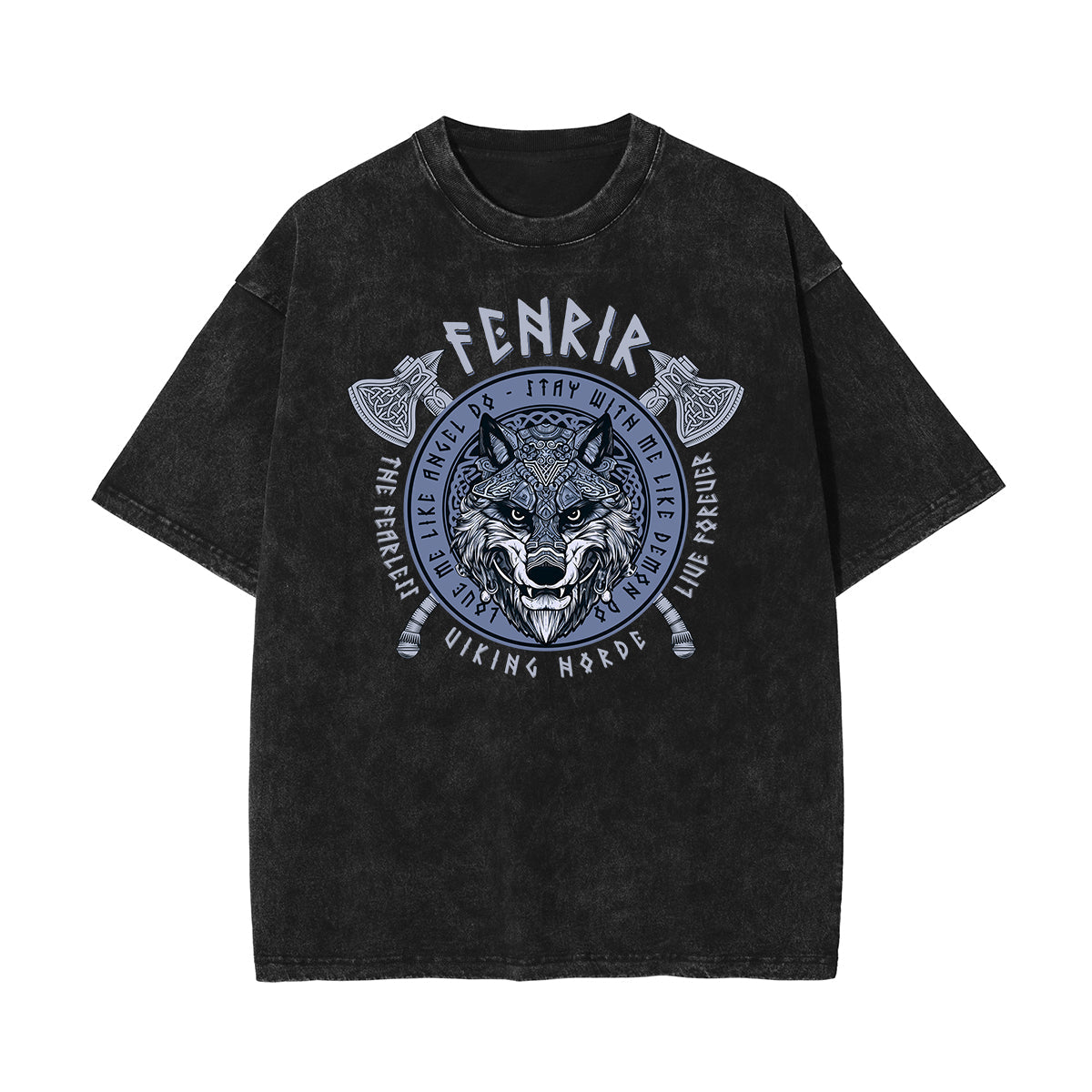 Stone Wash Wolf Pattern T Shirt