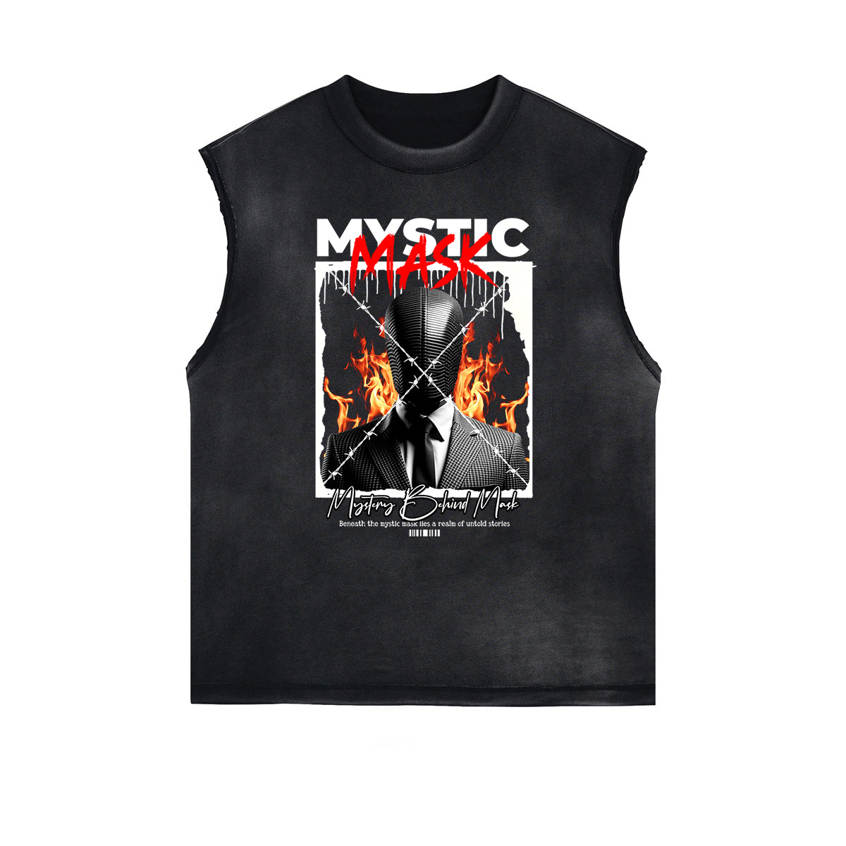 Distressed Sleeveless Mystery Mask Pattern Tee