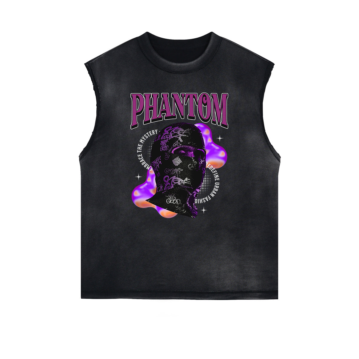 Distressed Sleeveless Mystery Mask Pattern Tee
