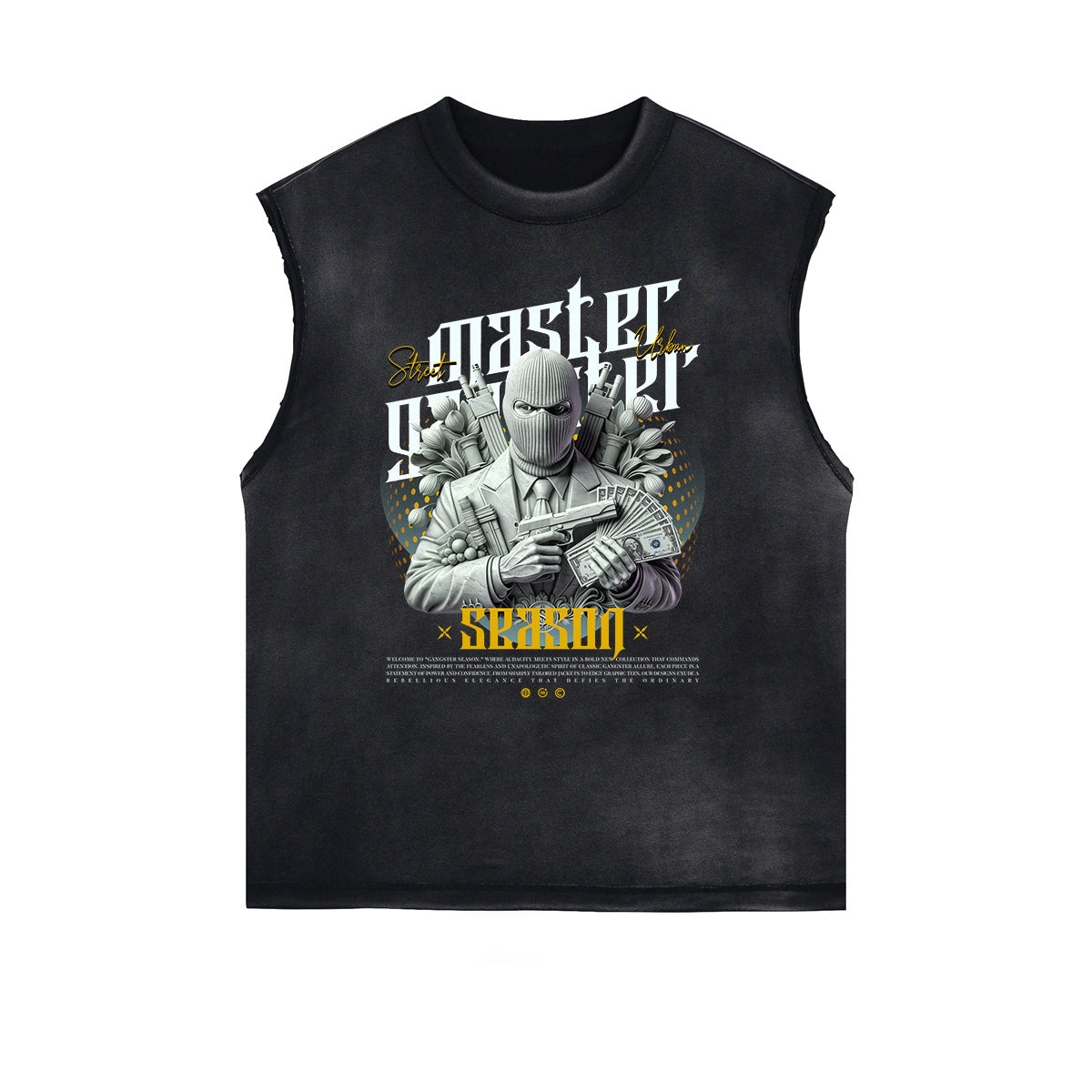 Distressed Sleeveless Mystery Mask Pattern Tee