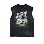 Distressed Sleeveless Mystery Mask Pattern Tee