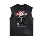 Distressed Sleeveless Mystery Mask Pattern Tee