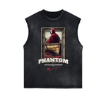 Distressed Sleeveless Mystery Mask Pattern Tee