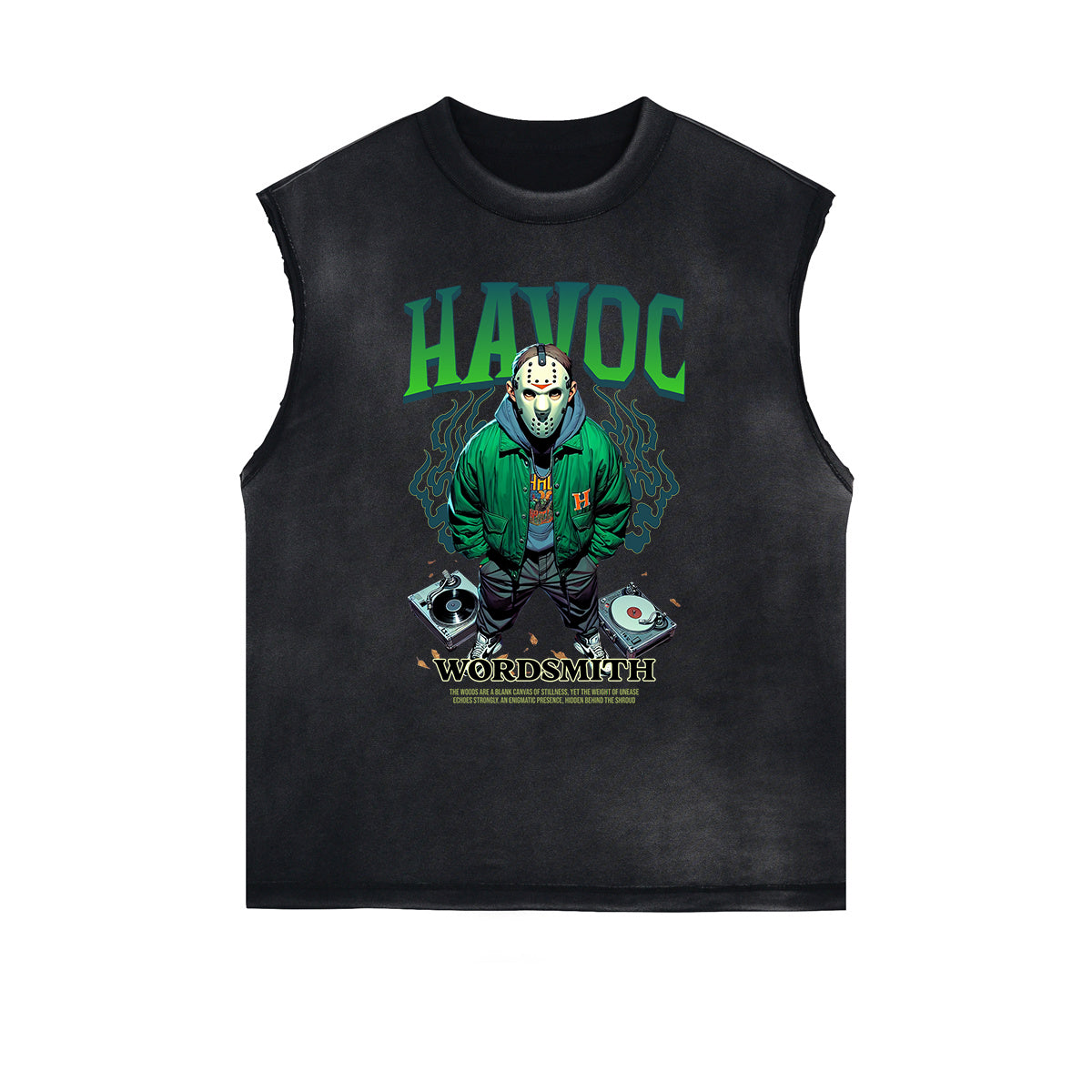 Distressed Sleeveless Mystery Mask Pattern Tee