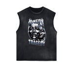 Distressed Sleeveless Mystery Mask Pattern Tee