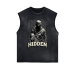 Distressed Sleeveless Mystery Mask Pattern Tee
