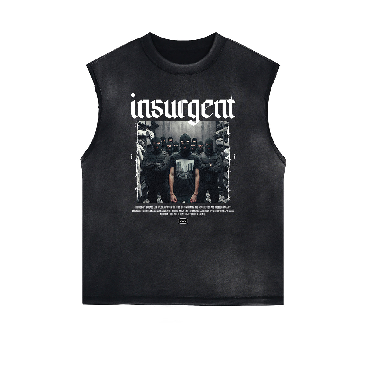 Distressed Sleeveless Mystery Mask Pattern Tee