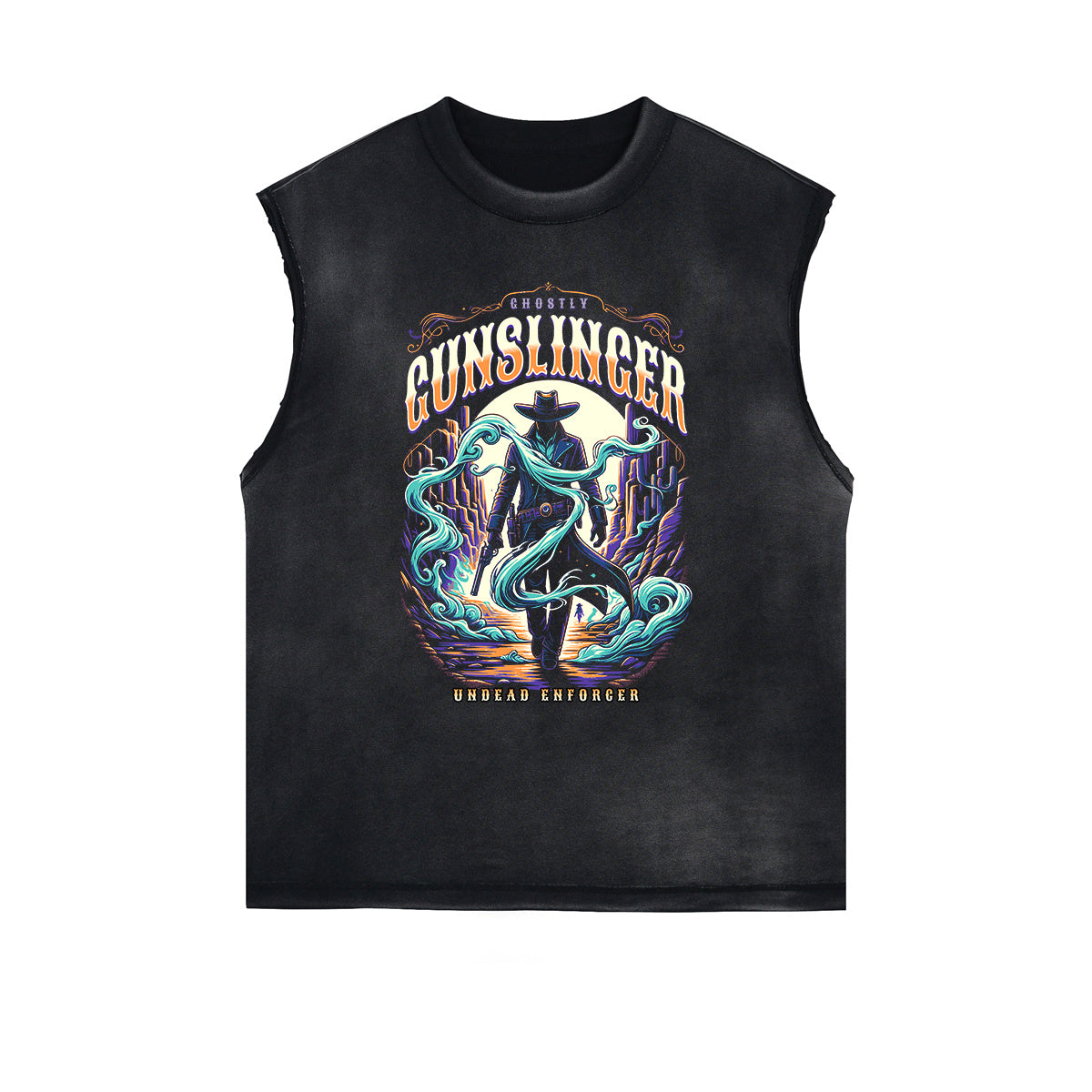 Distressed Sleeveless Mystery Mask Pattern Tee