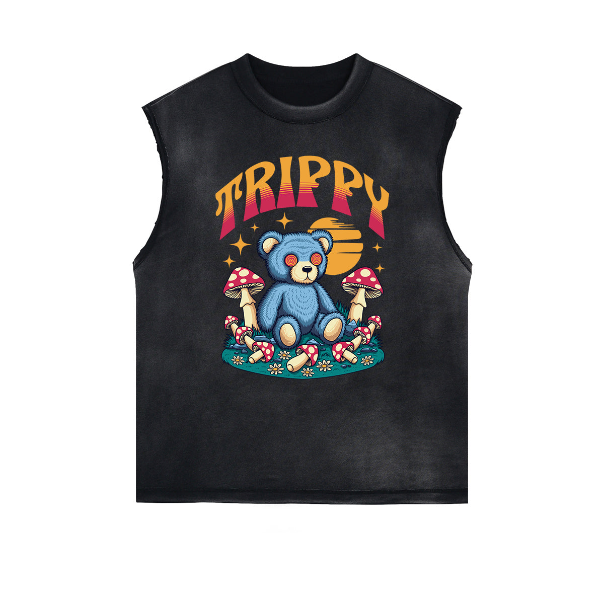 Distressed Sleeveless Creepy Bear Pattern Tee