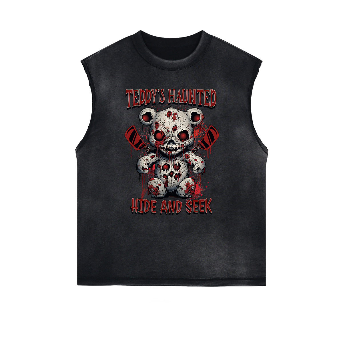 Distressed Sleeveless Creepy Bear Pattern Tee