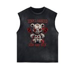 Distressed Sleeveless Creepy Bear Pattern Tee