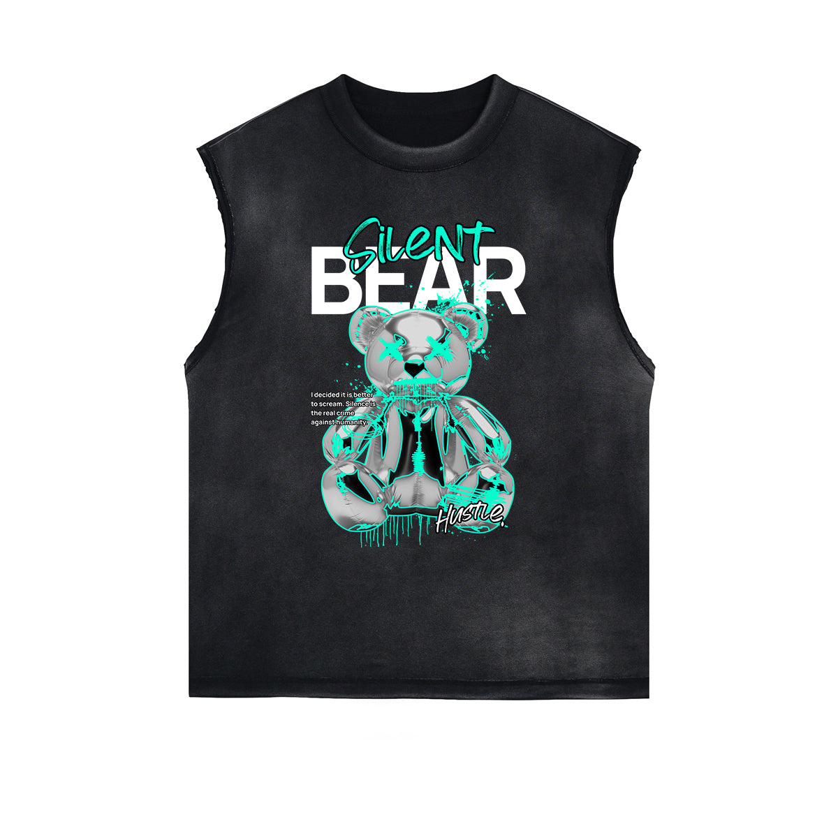 Distressed Sleeveless Creepy Bear Pattern Tee