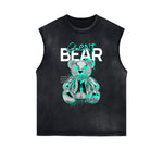 Distressed Sleeveless Creepy Bear Pattern Tee