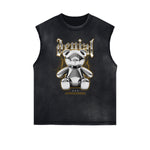 Distressed Sleeveless Creepy Bear Pattern Tee