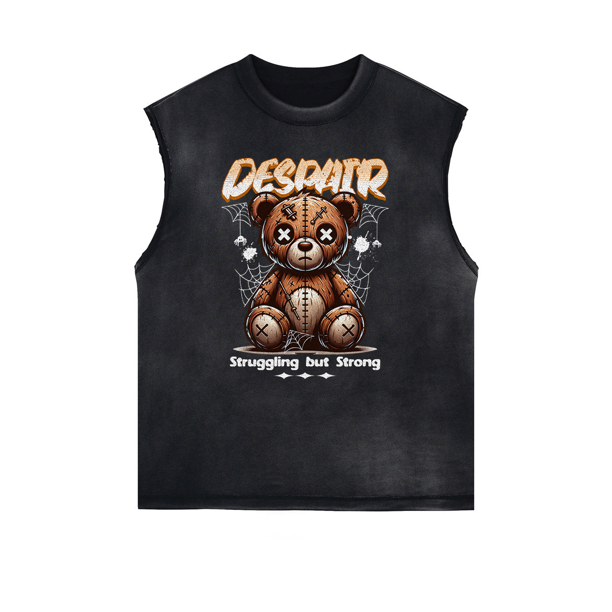 Distressed Sleeveless Creepy Bear Pattern Tee