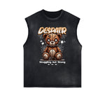 Distressed Sleeveless Creepy Bear Pattern Tee