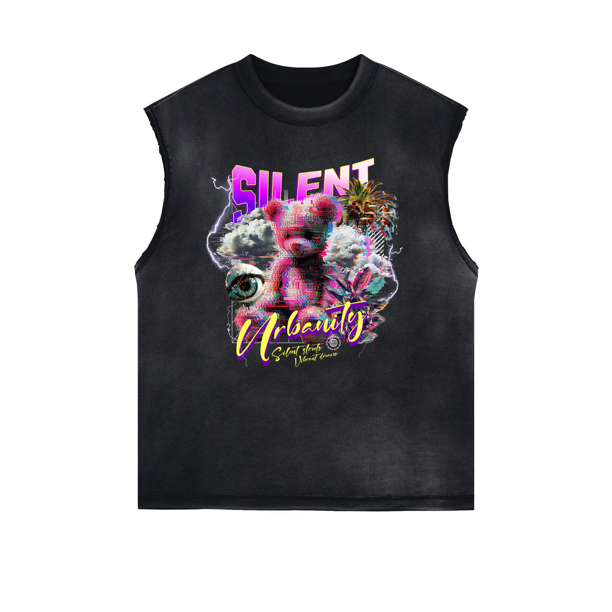 Distressed Sleeveless Creepy Bear Pattern Tee