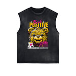 Distressed Sleeveless Creepy Bear Pattern Tee
