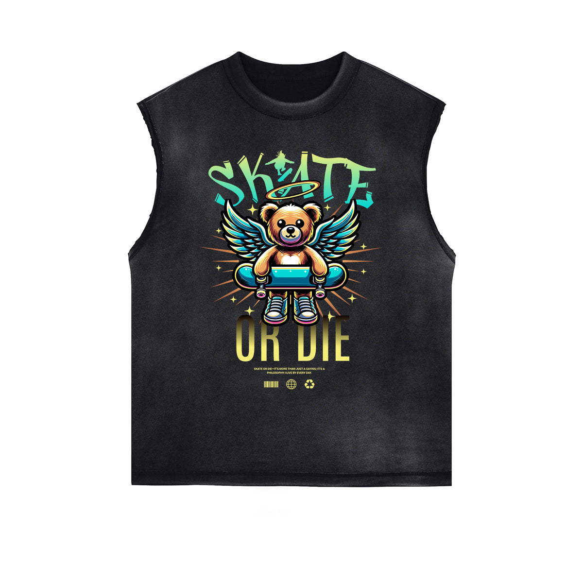 Distressed Sleeveless Creepy Bear Pattern Tee