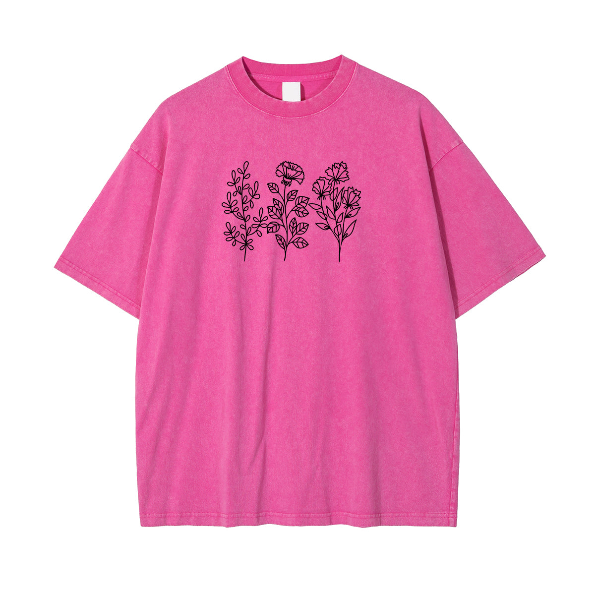 Flower Line Art Pink Cotton T Shirt