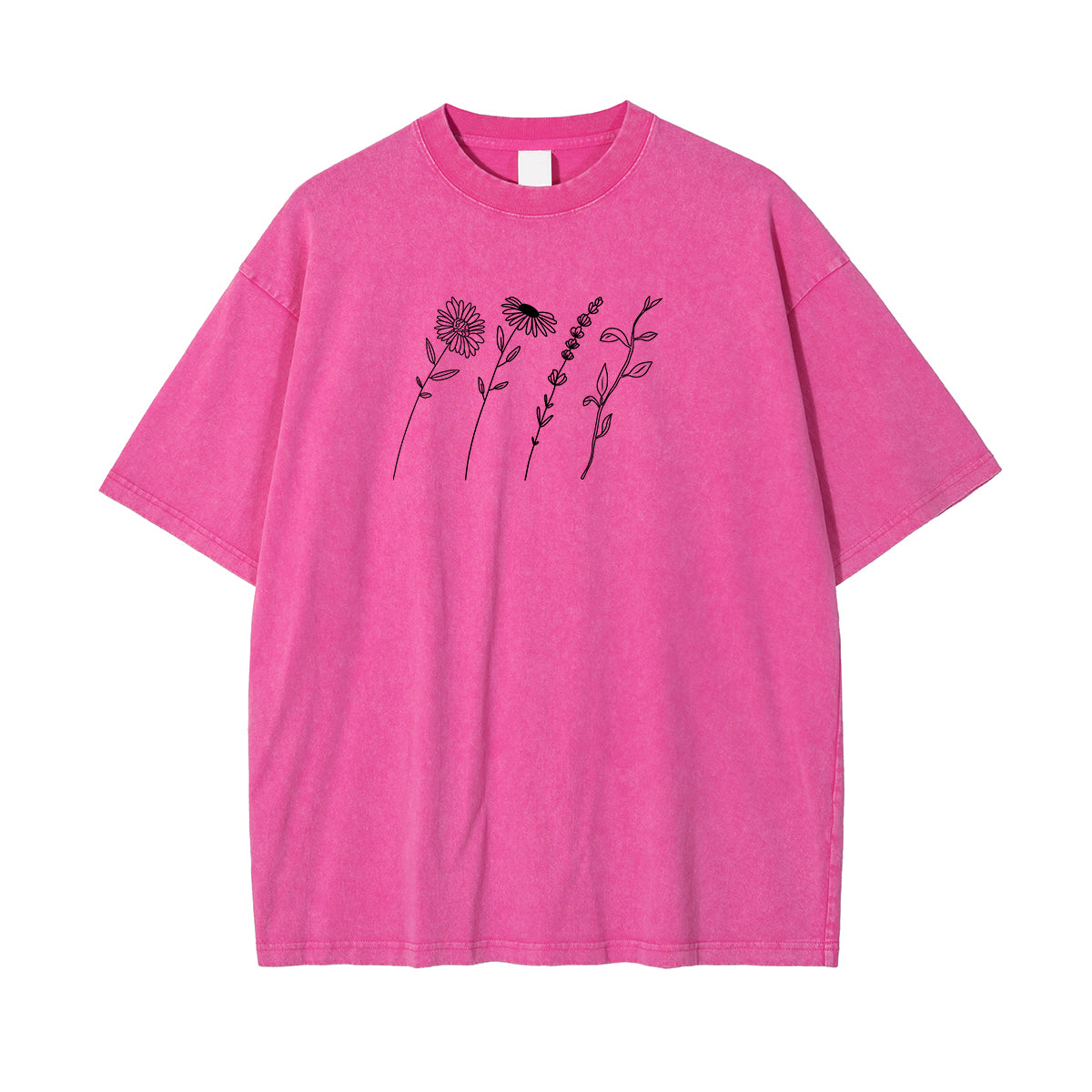 Flower Line Art Pink Cotton T Shirt