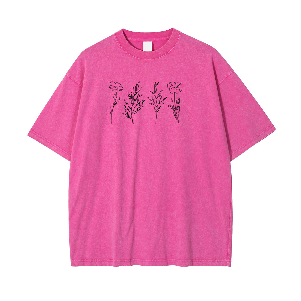 Flower Line Art Pink Cotton T Shirt