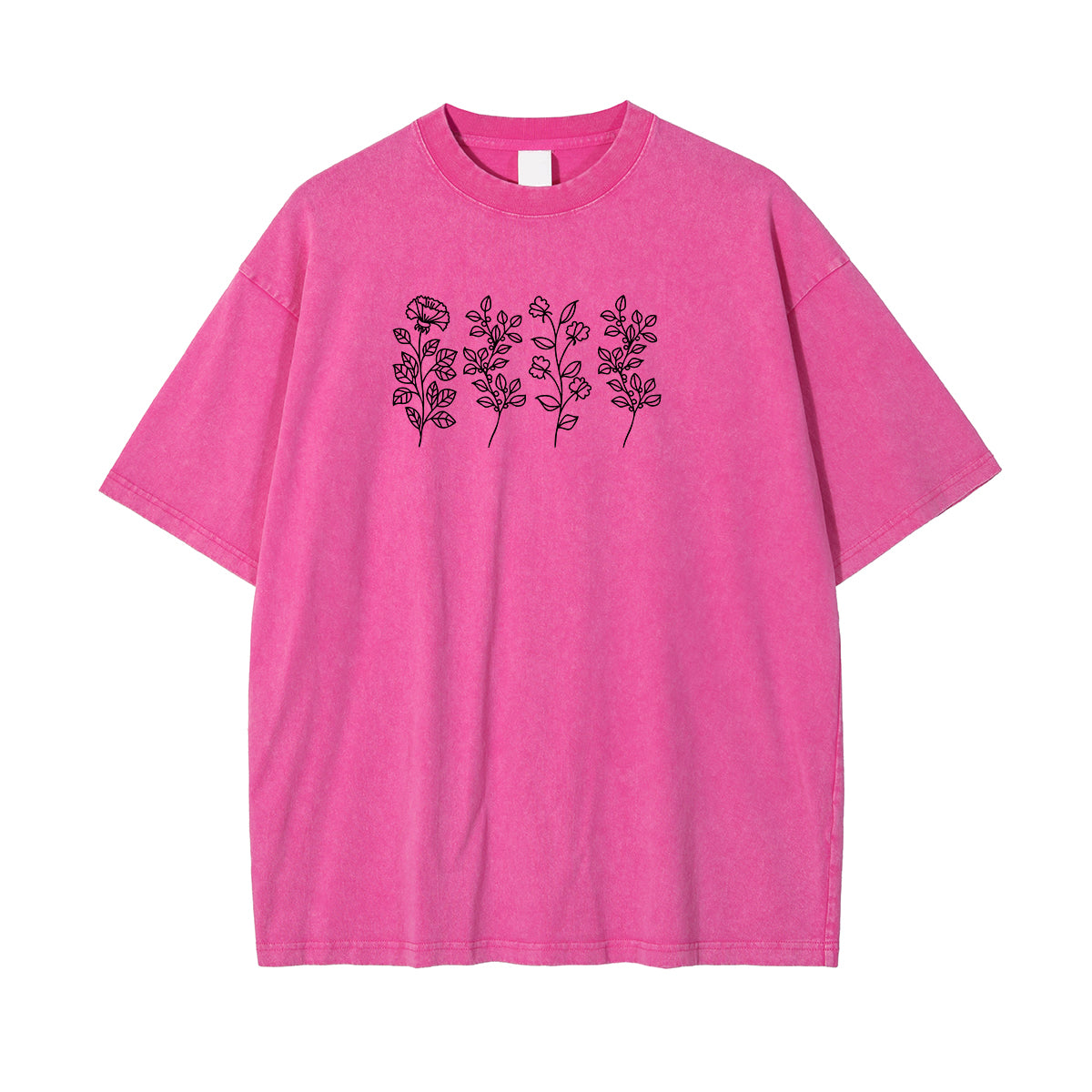 Flower Line Art Pink Cotton T Shirt