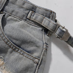 Adjustable Side Buckle Distressed High Waist Shorts