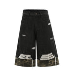 Camo Patchwork Denim Ripped Bermuda Shorts