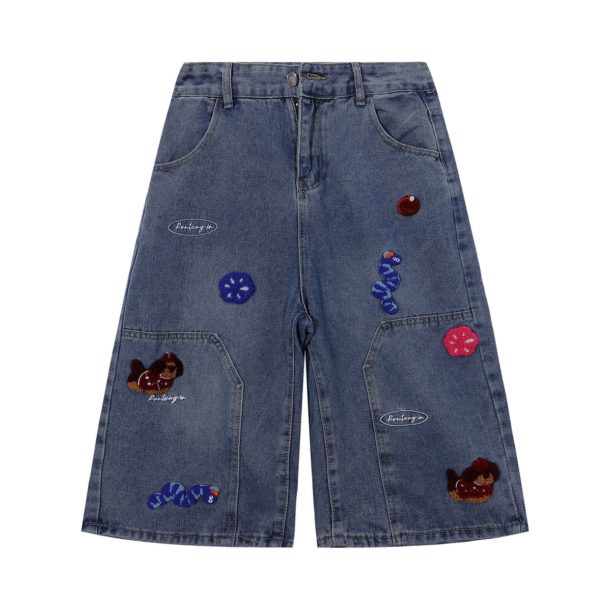Embroidered Patch High Waist Wide Shorts