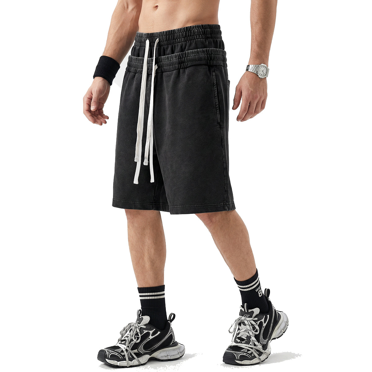 Double Waistband Snow Washed Distressed Shorts